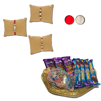 "Engraved Pearl Rakhi Combo - JPRAK-23-01 (3 Rakhis), Choco Thali - code RC09 - Click here to View more details about this Product